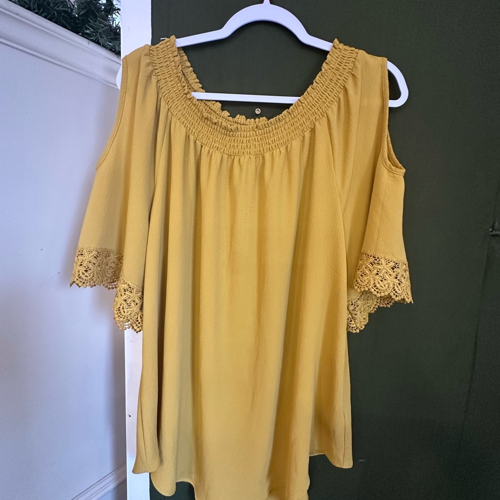 Romantic Cottagecore Yellow Blouse | Soft Lace Cold Shoulder Top